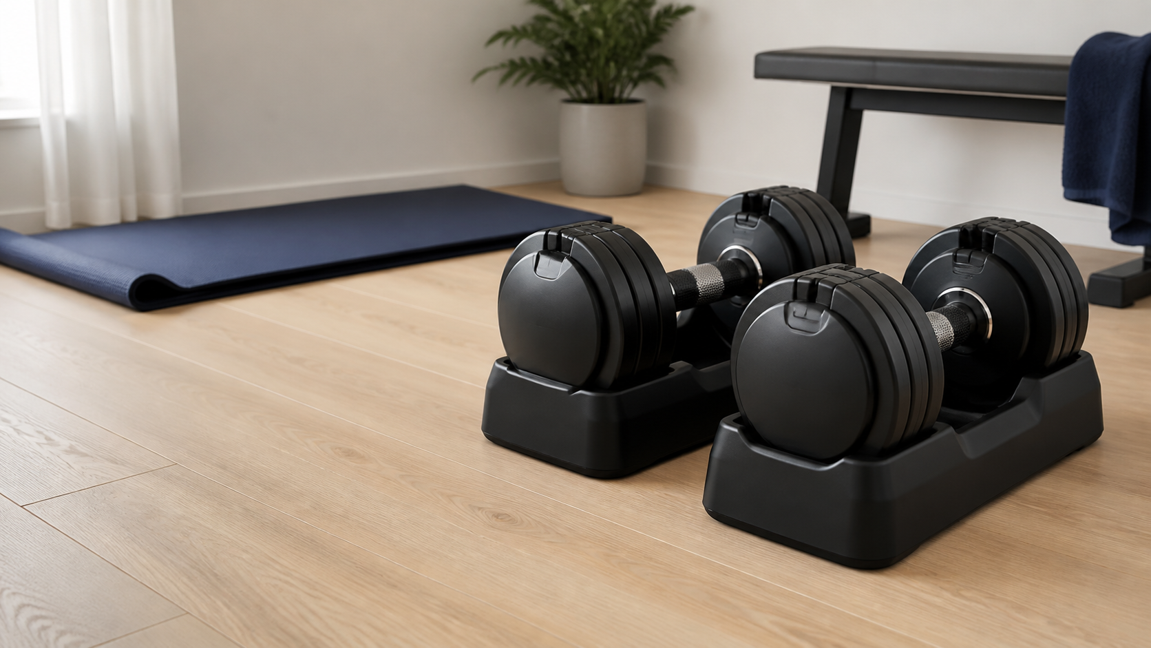Pair of matte-black adjustable dumbbells in compact cradles on a pale wood home-gym floor