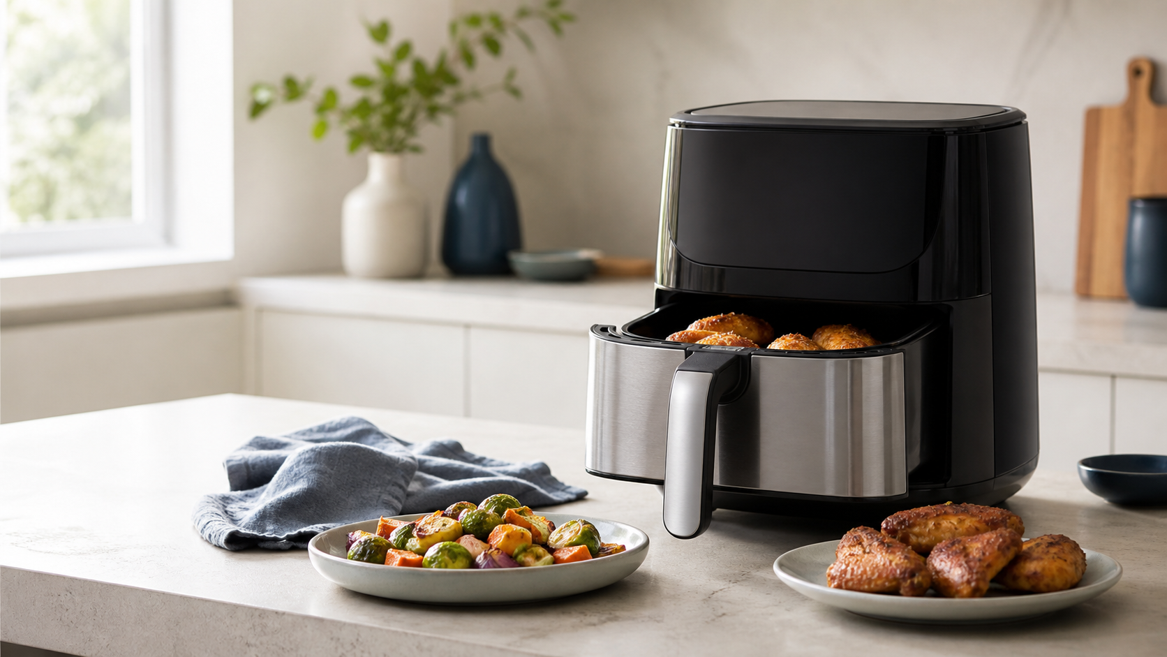Black and stainless basket air fryer on a bright kitchen counter with vegetables and wings