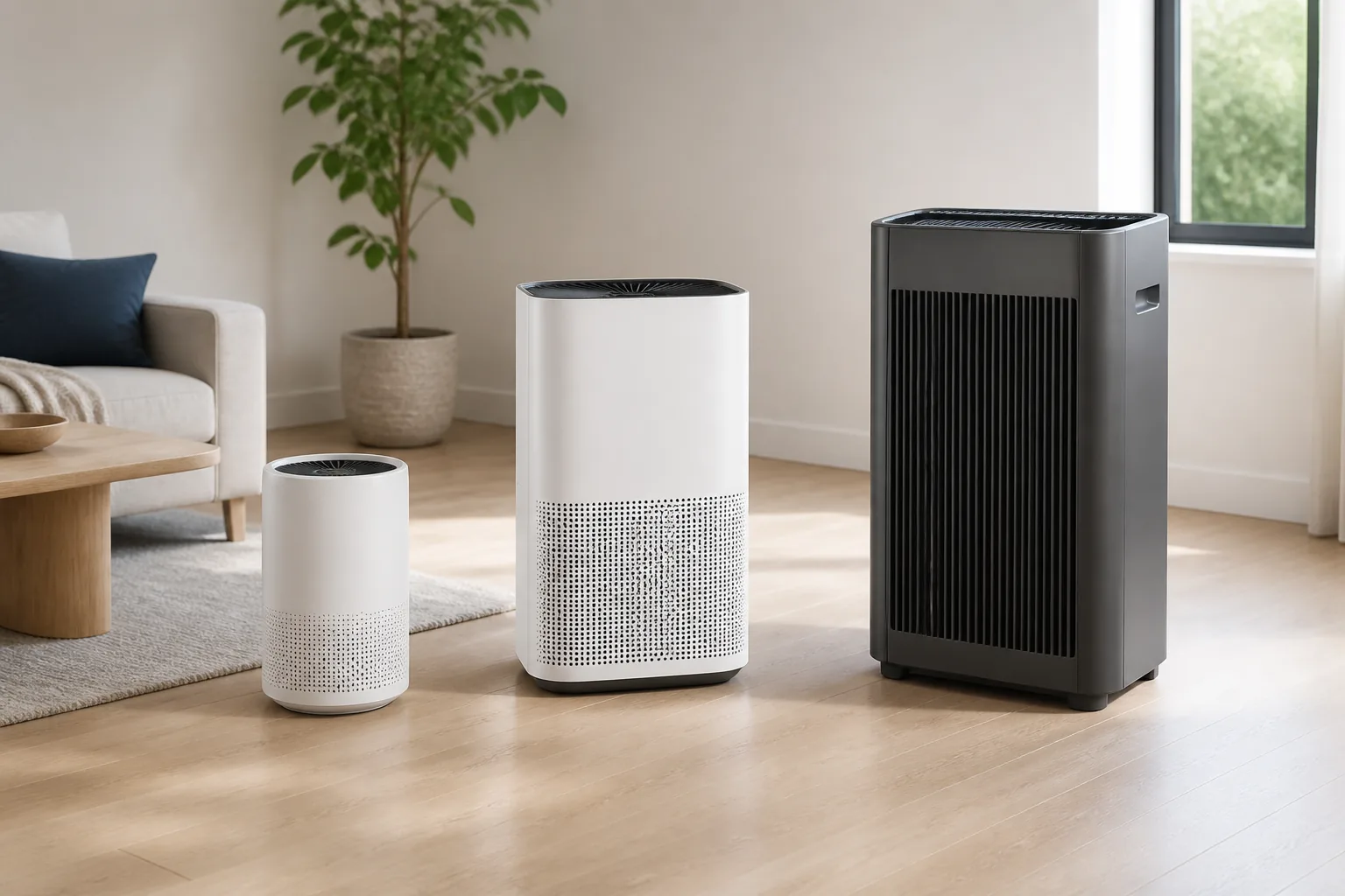 Three unbranded air purifiers sized for a bedroom, living room, and larger open space in a bright interior
