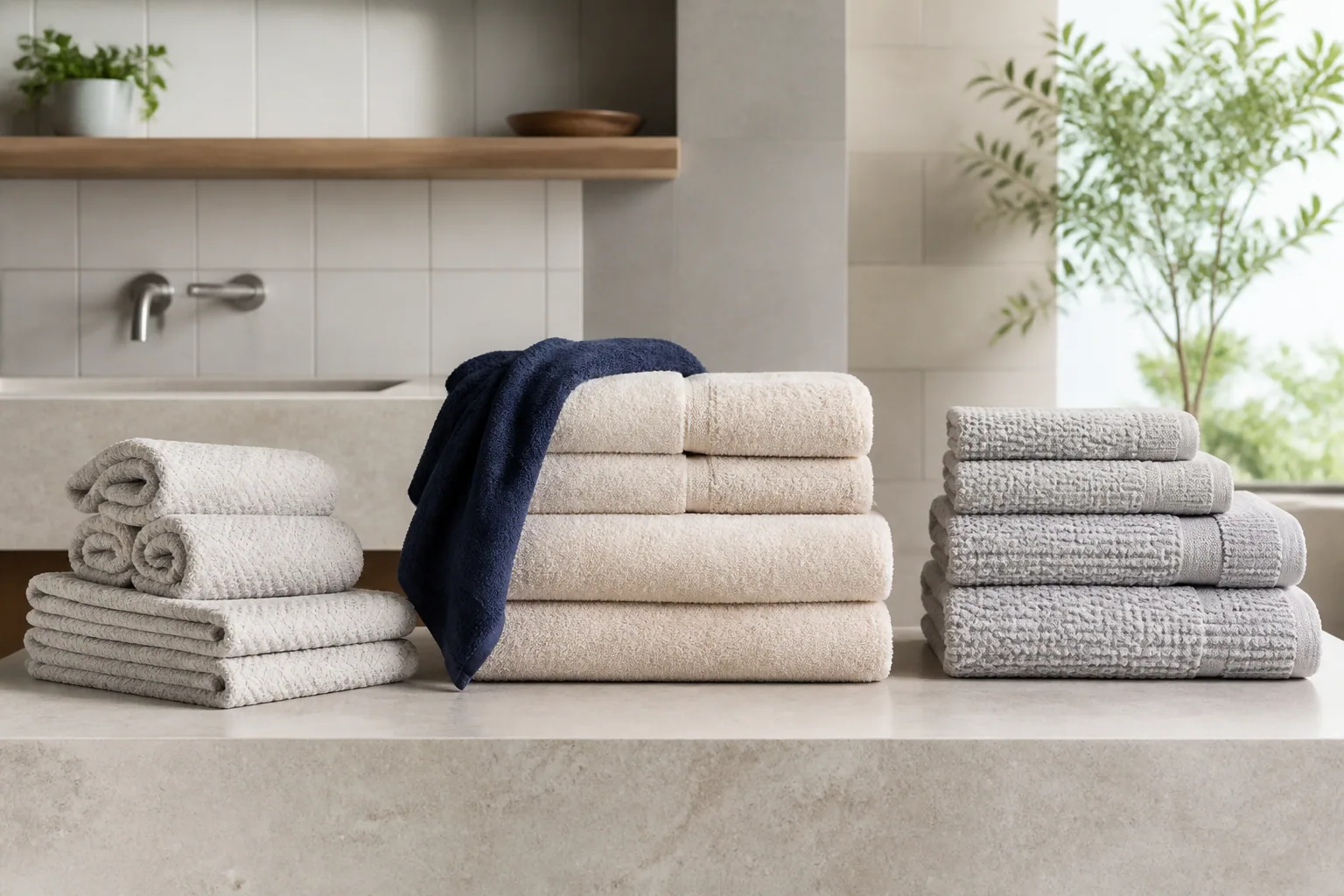 Neatly folded white, sand, and blue bath towels showing terry and waffle textures