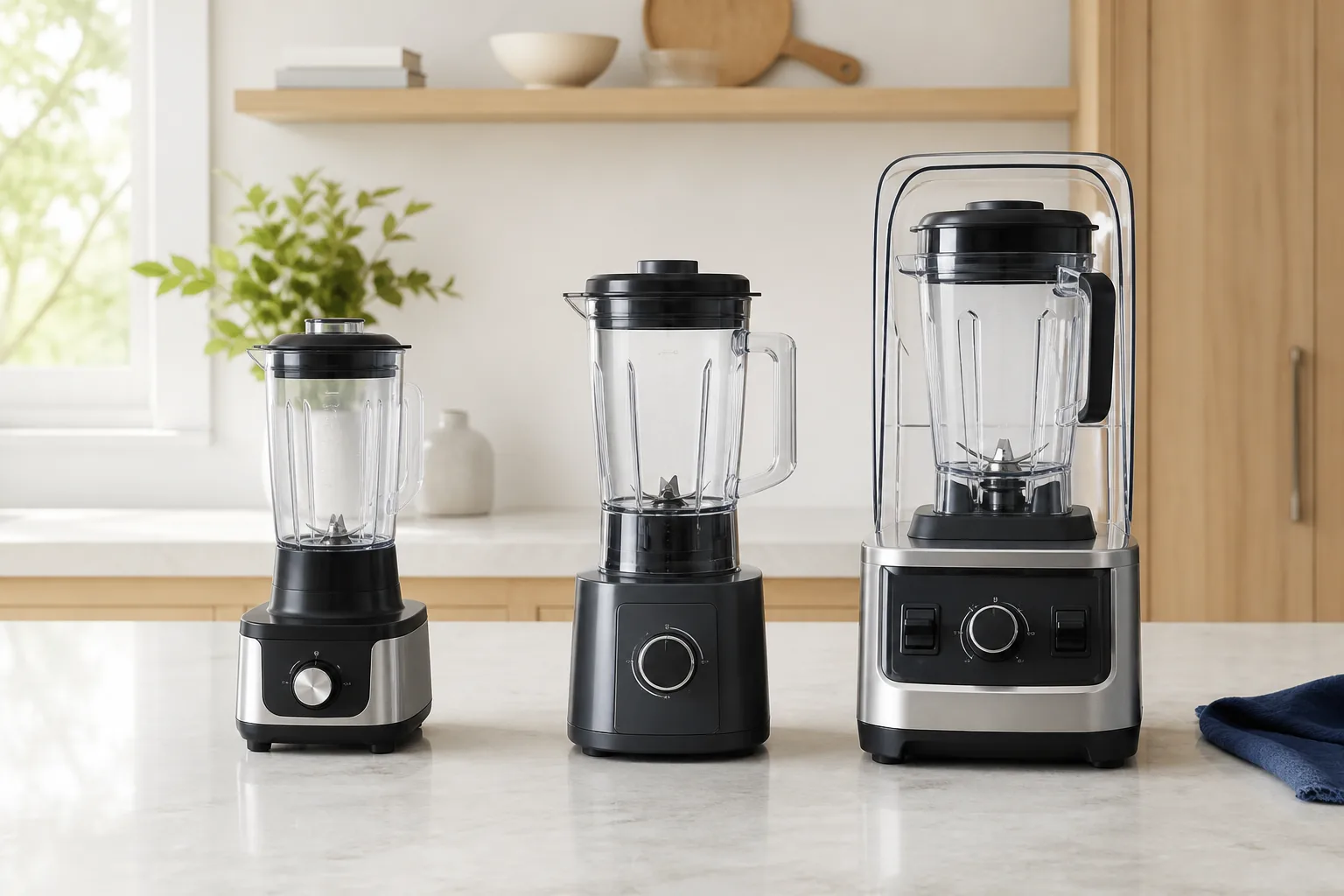Three unbranded countertop blenders representing compact, everyday, and high-power designs in a bright kitchen