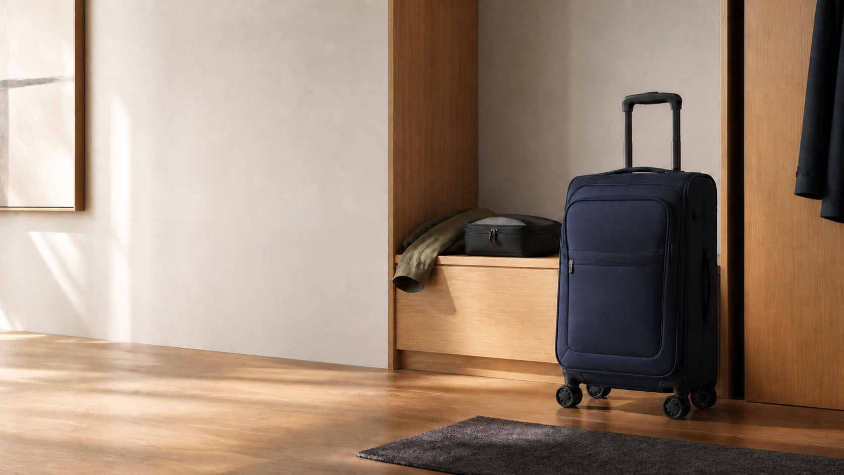 Navy soft-sided carry-on suitcase in a bright modern apartment entryway