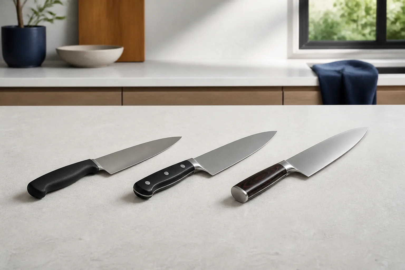 Five unbranded chef’s knives with different blade and handle profiles arranged on a light kitchen worktop