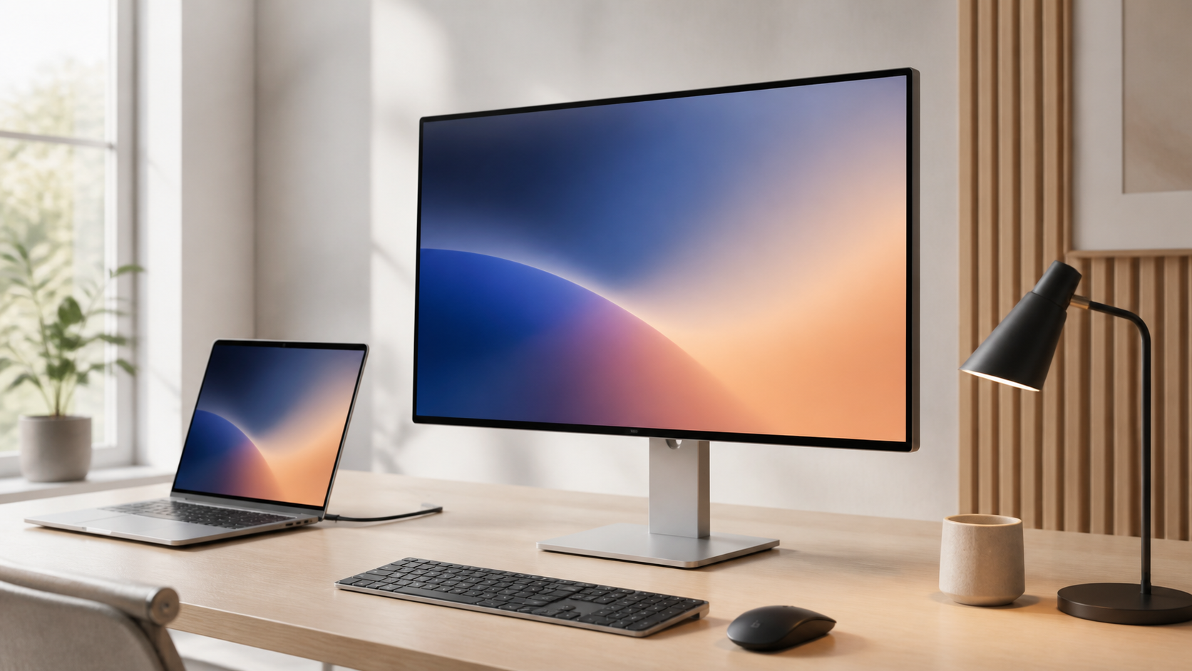 Unbranded 27-inch desktop monitor beside a slim laptop on a pale wood home-office desk