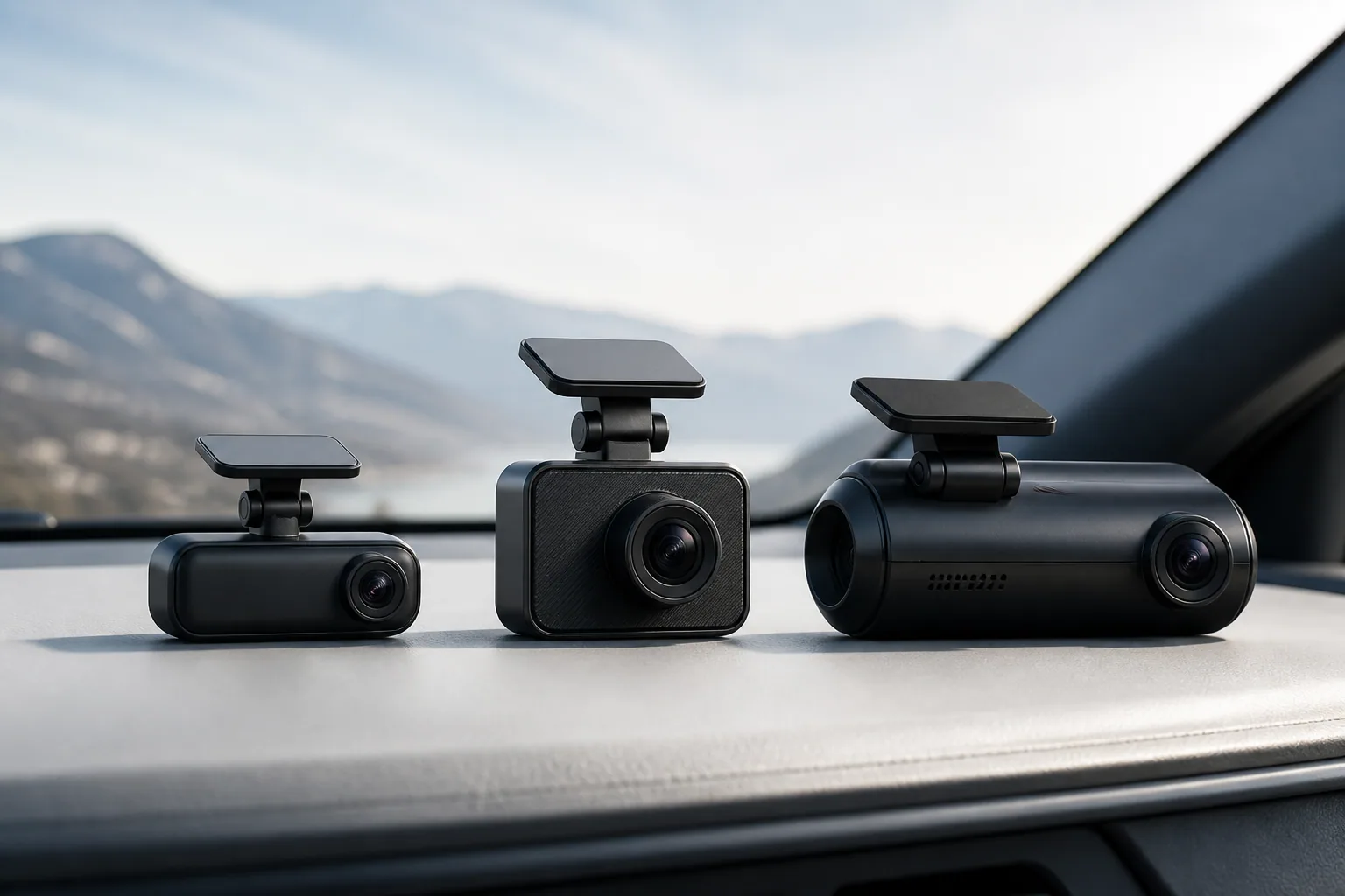 Compact unbranded dash camera mounted behind a car rearview mirror on a clear road