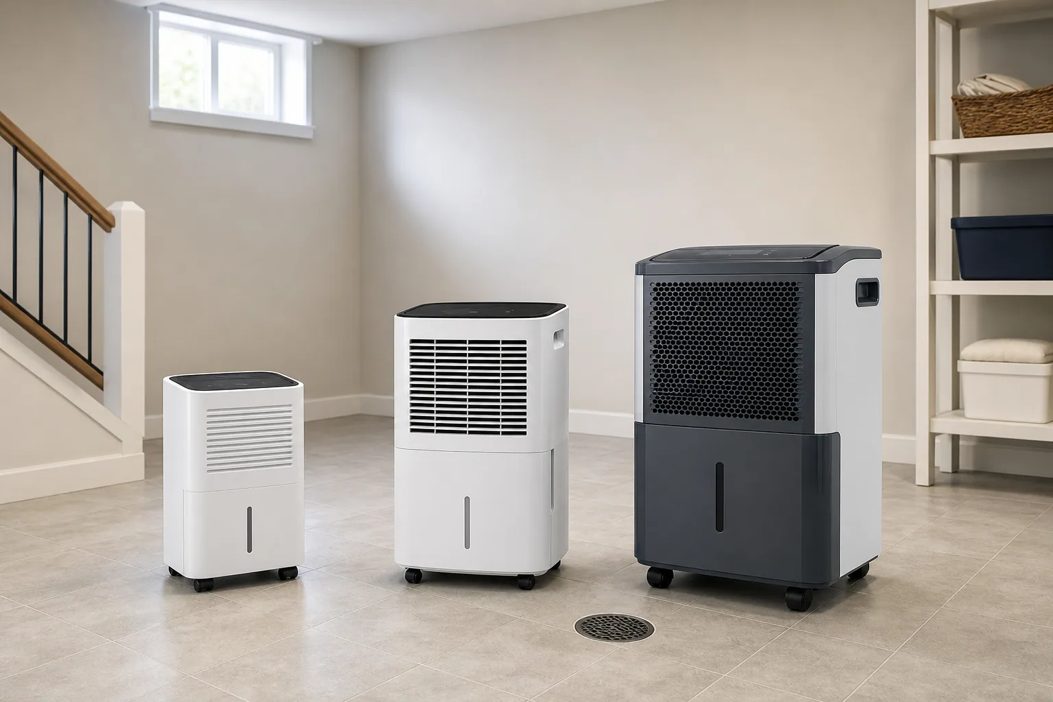 White portable dehumidifier beside a laundry sink in a bright, dry basement