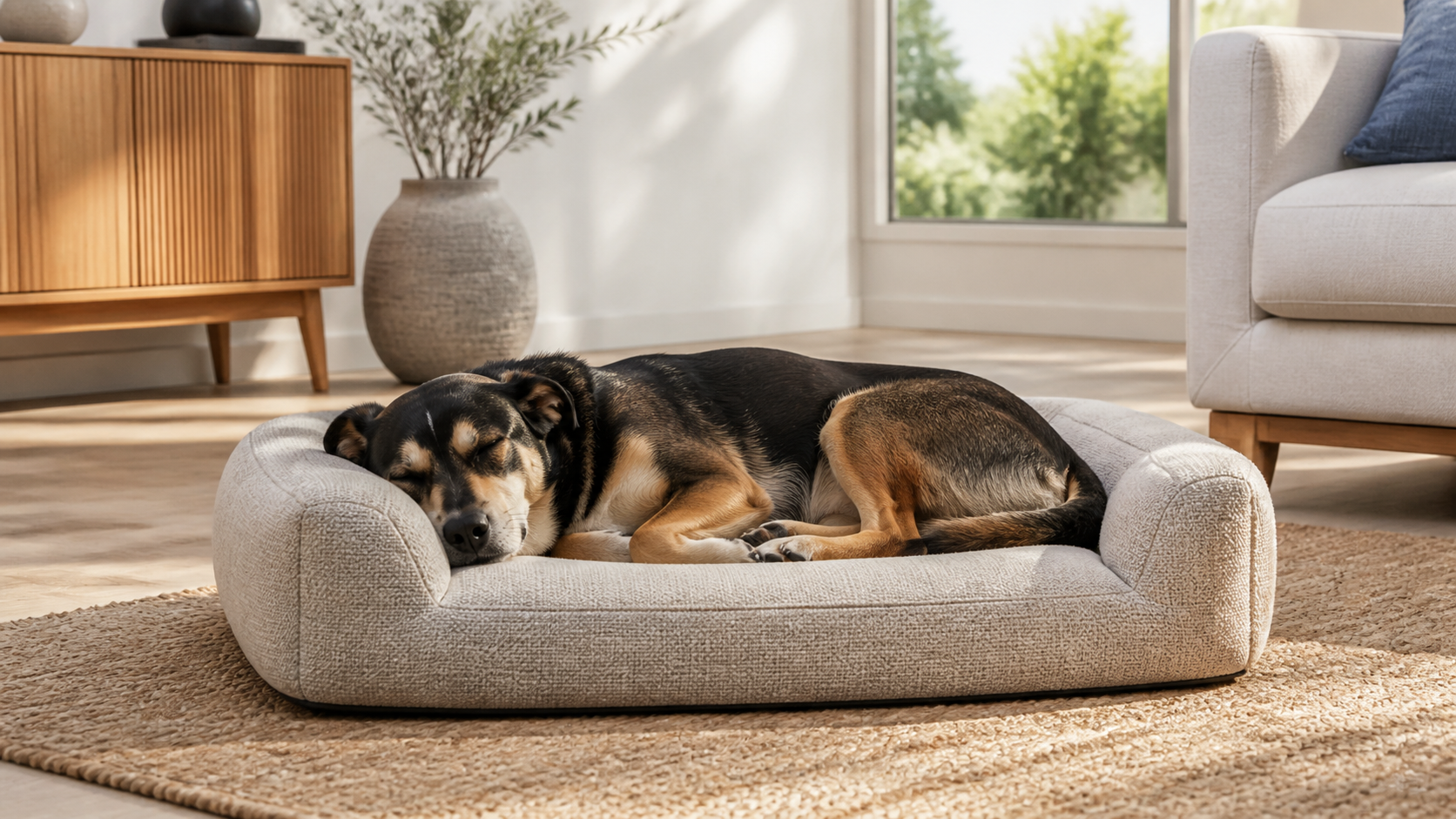 A sleeping medium-sized dog on an unbranded bolstered bed in a bright living room