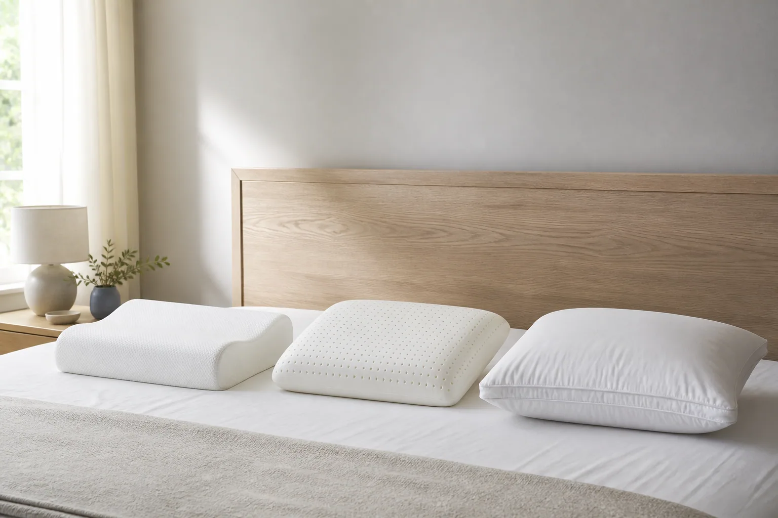 Five unbranded pillows with different lofts arranged on a neatly made neutral bed