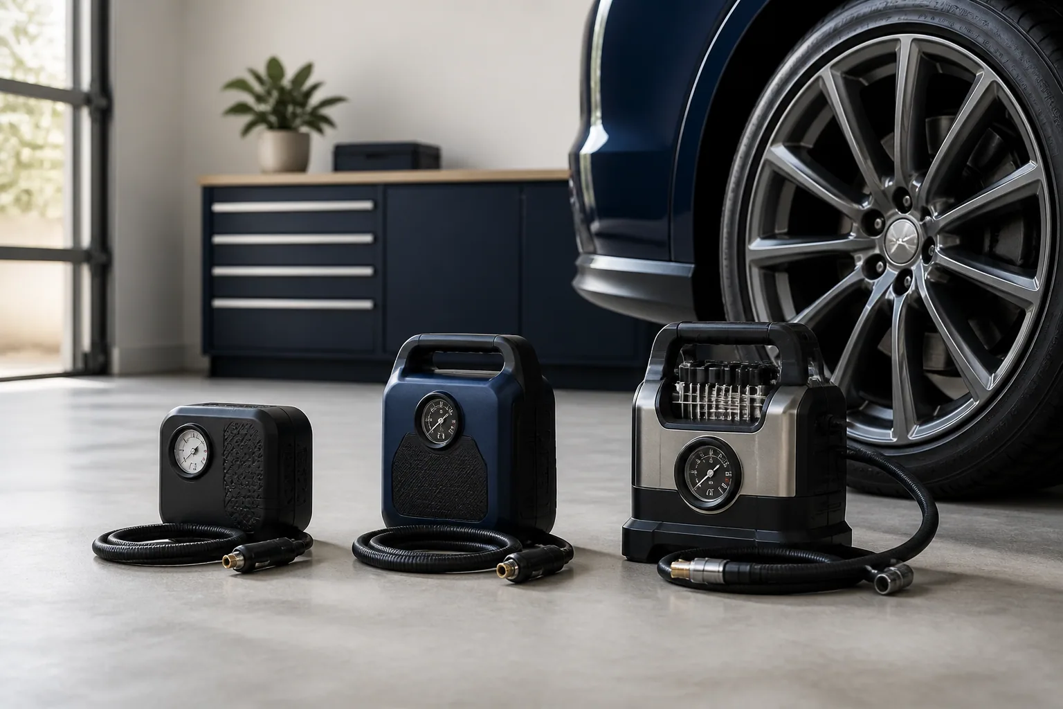 Compact portable tire inflator with hose and gauge beside a car wheel in a clean garage