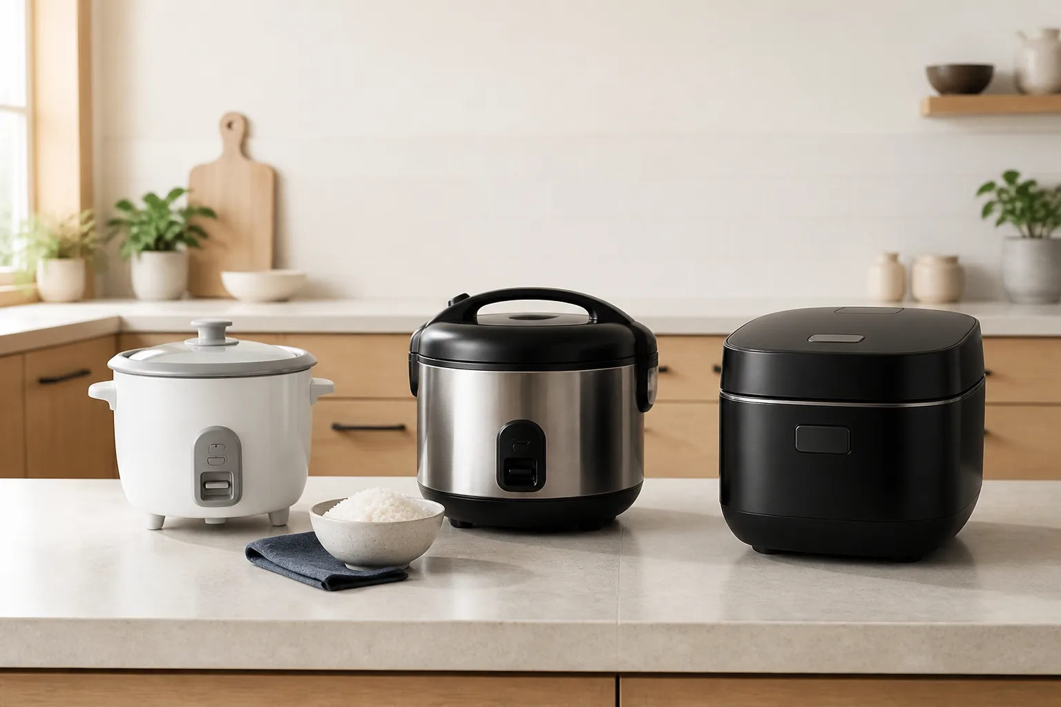 Three unbranded rice cookers representing basic, everyday, and premium models on a clean kitchen worktop