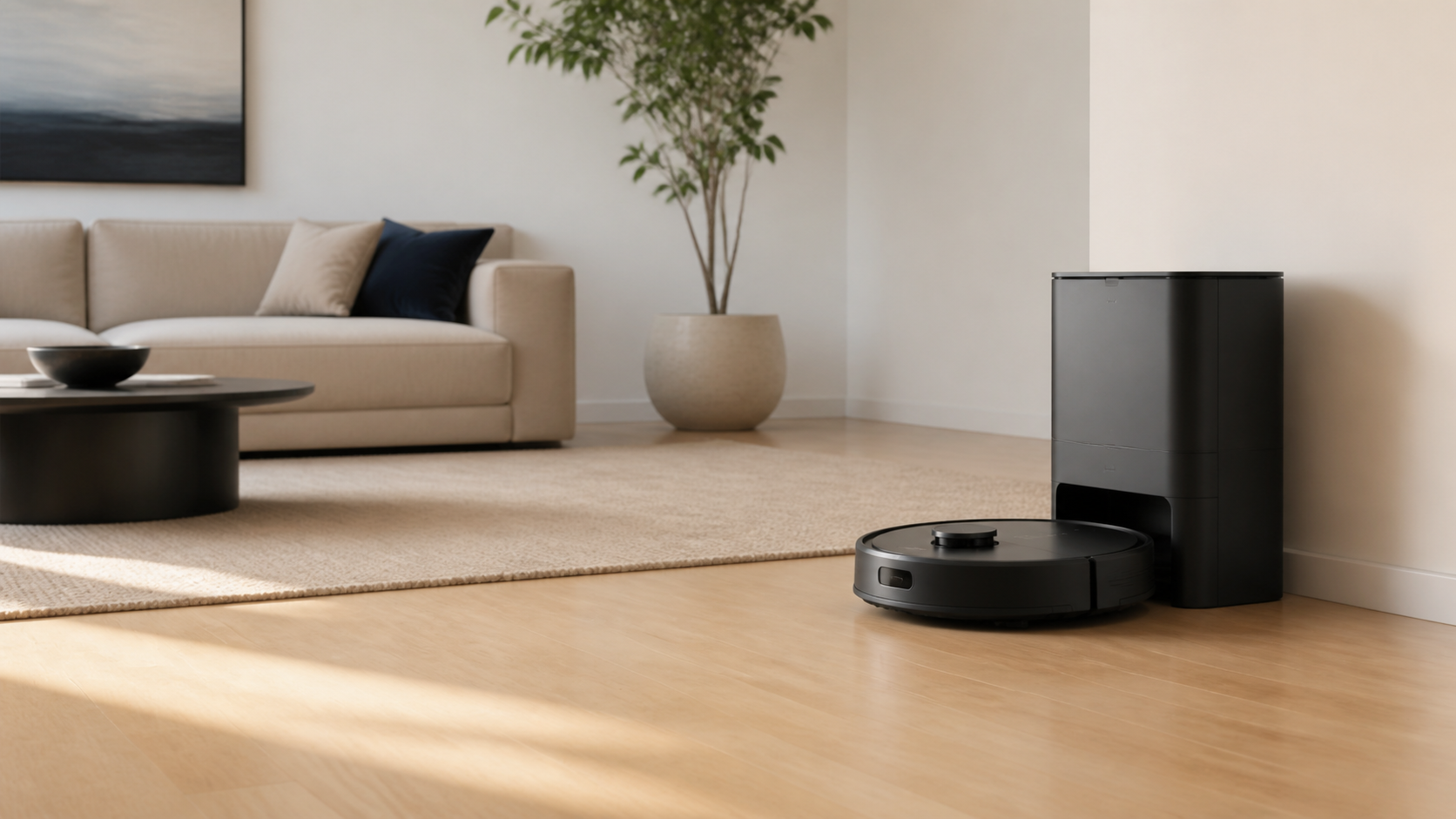 Dark robot vacuum and self-emptying dock on a pale wood floor in a modern living room