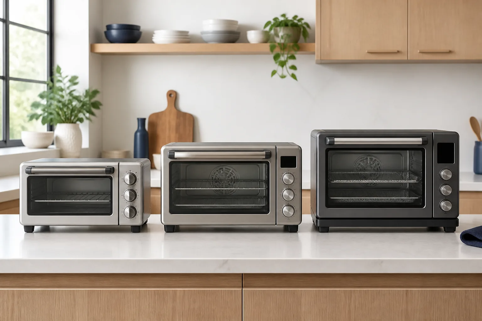 Three unbranded toaster ovens in compact, versatile, and large-capacity sizes on a modern kitchen counter