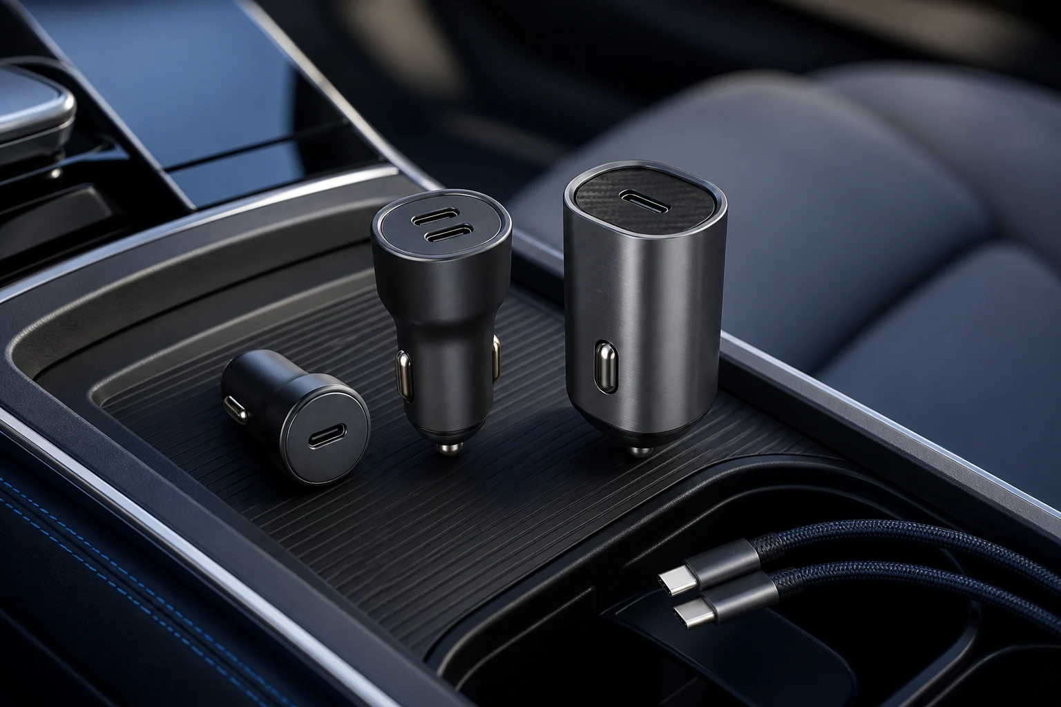 Compact unbranded USB-C car charger beside coiled charging cables in a clean vehicle console