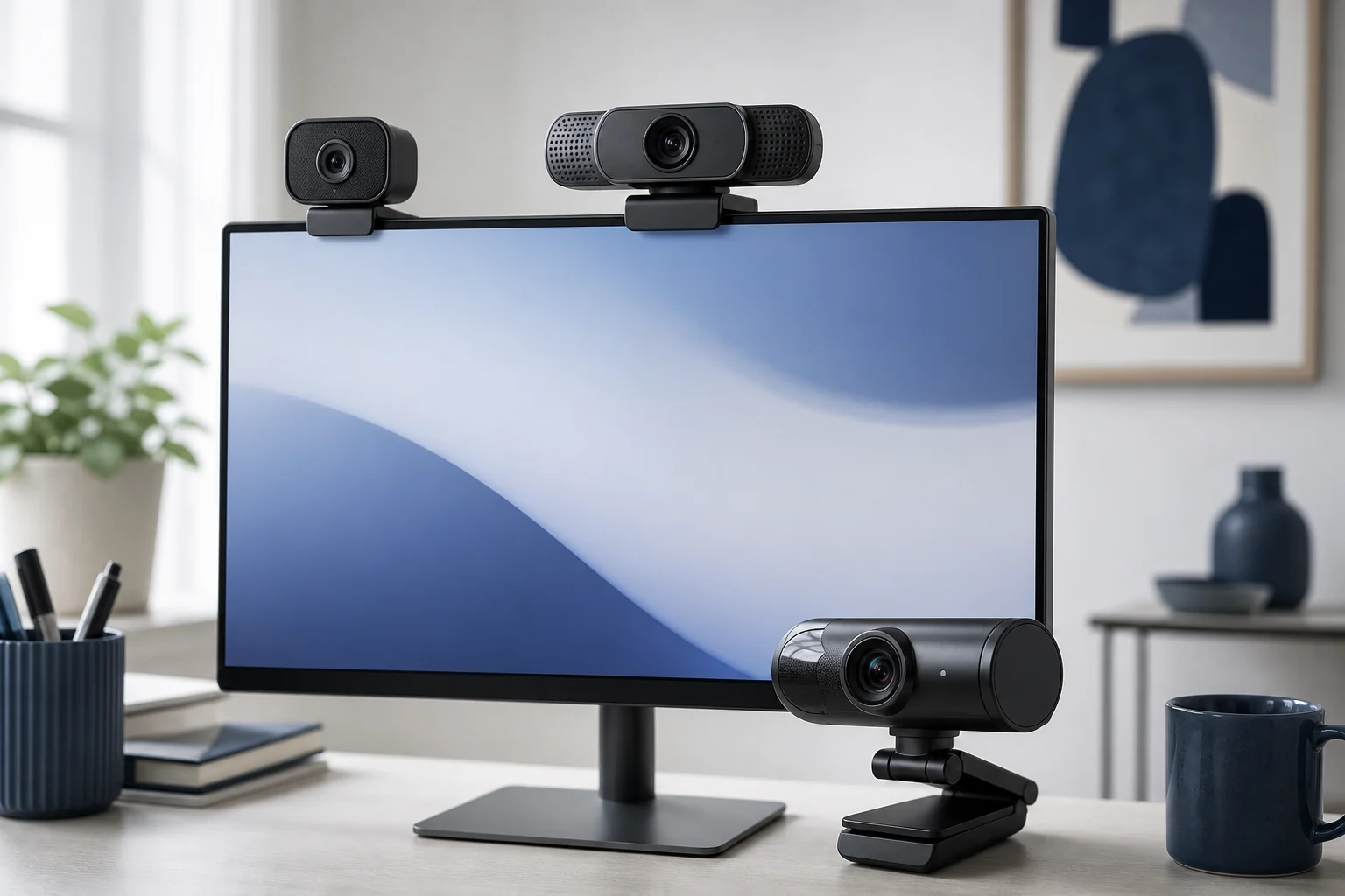 Compact unbranded webcam centered above a desktop monitor in a softly lit home office