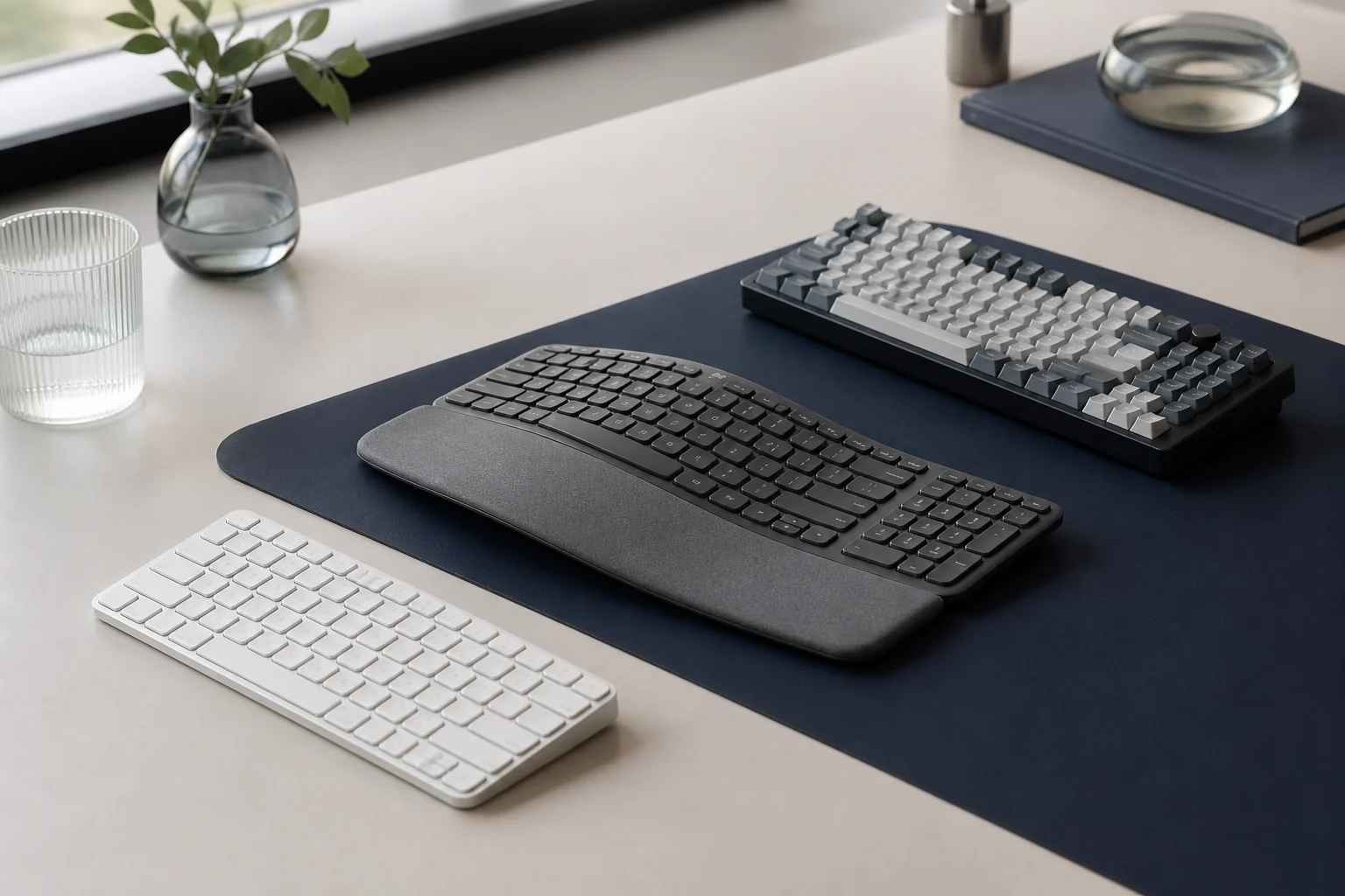 Slim unbranded wireless keyboard on a pale desk beside a notebook and monitor