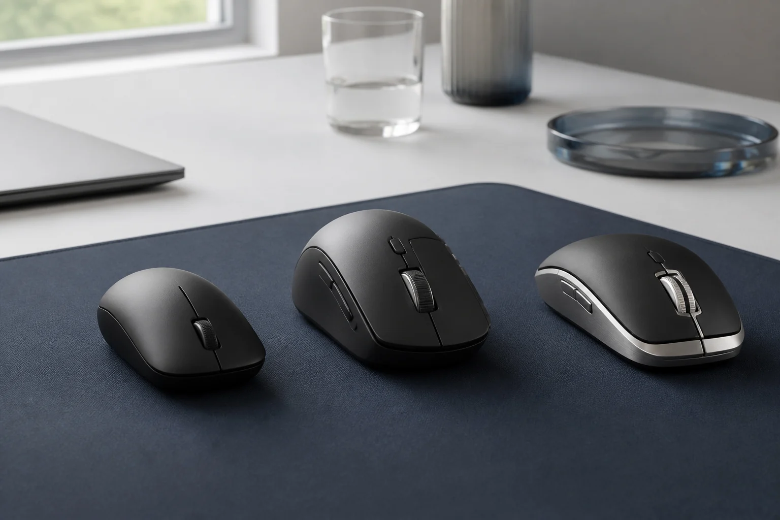 Two unbranded wireless computer mice on a clean home-office desk beside a keyboard