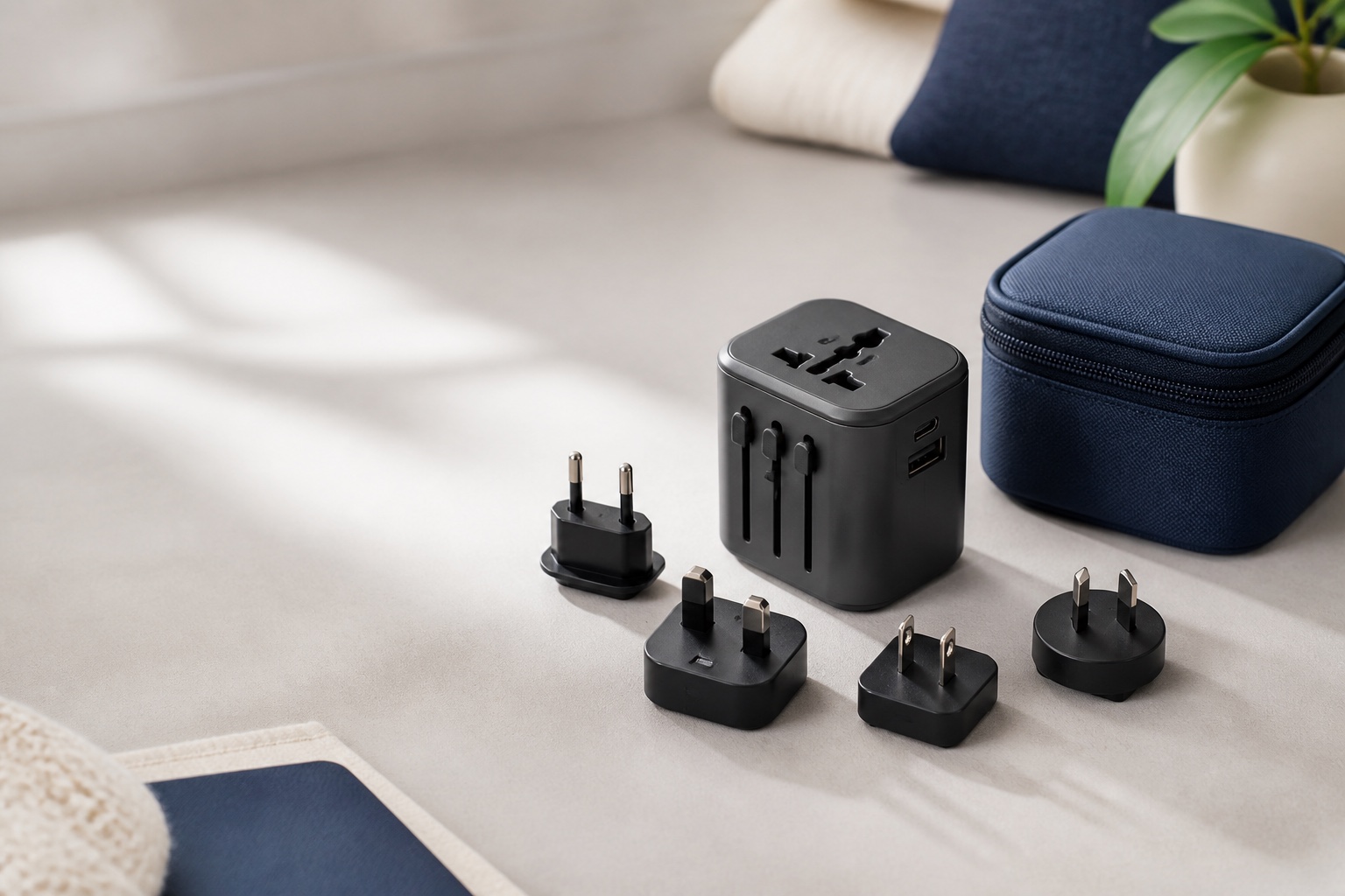 Generic universal travel adapter with plug heads and carry-on pouch